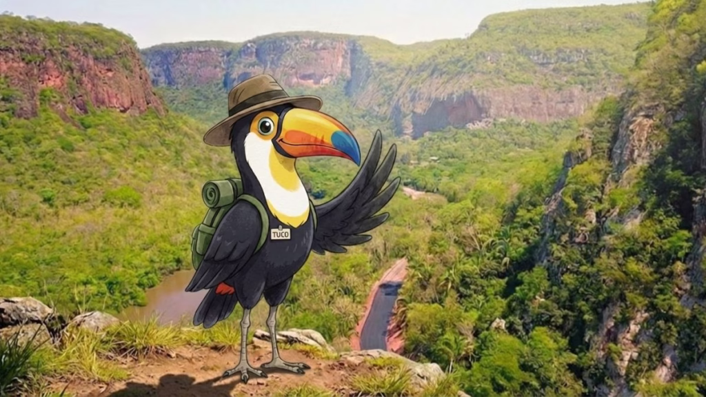 Tuco, mascote do Roteiros do Paxixi, em frente ao Morro do Paxixi na Serra de Maracaju, Aquidauana MS turismo em aquidauana pantanal morro do paxixi estrada parque piraputanga