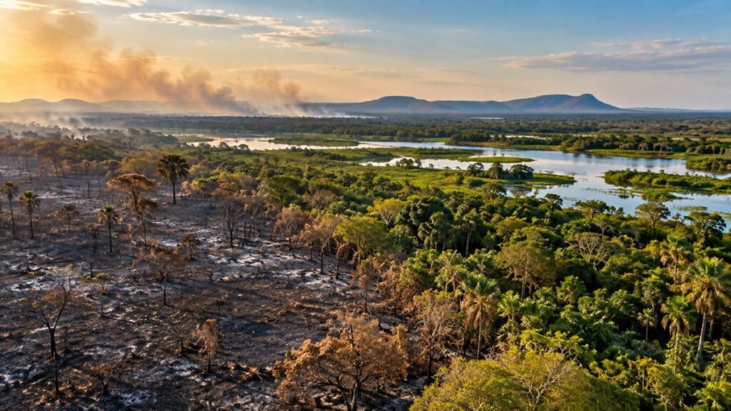 Queimadas em Aquidauana — fumaça sobre paisagem natural, imagem ilustrativa