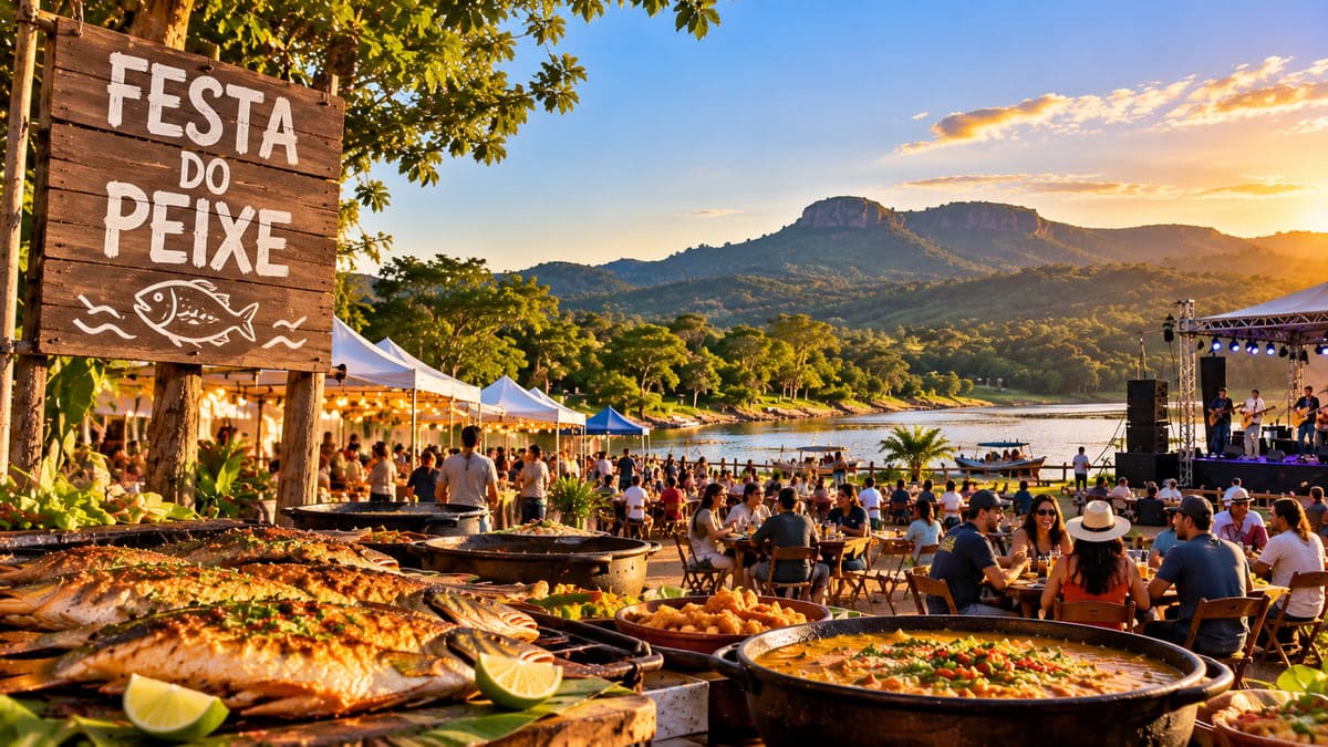 Pratos de peixe e público em cena ilustrativa da Festa do Peixe de Camisão 2026 às margens do rio