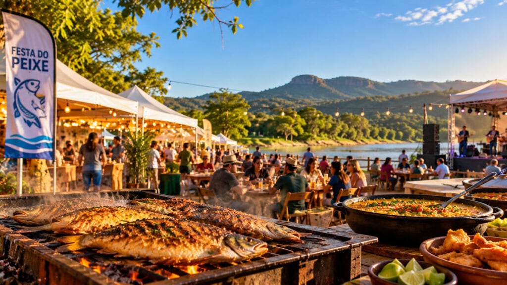 Cena ilustrativa da Festa do Peixe de Camisão 2026 com barracas, pratos de peixe e ambiente de rio e serra
