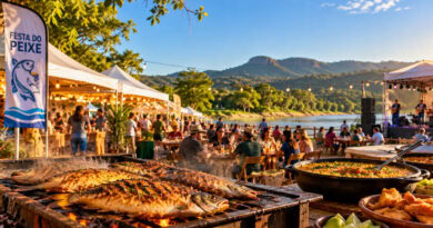A Festa do Peixe de Camisão 2026 já tem data confirmada Cena ilustrativa da Festa do Peixe de Camisão 2026 com barracas, pratos de peixe e ambiente de rio e serra