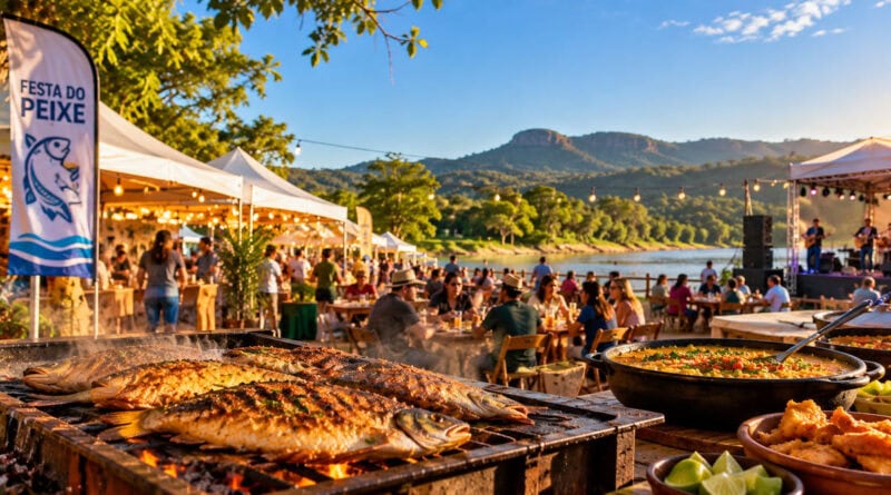 Cena ilustrativa da Festa do Peixe de Camisão 2026 com barracas, pratos de peixe e ambiente de rio e serra